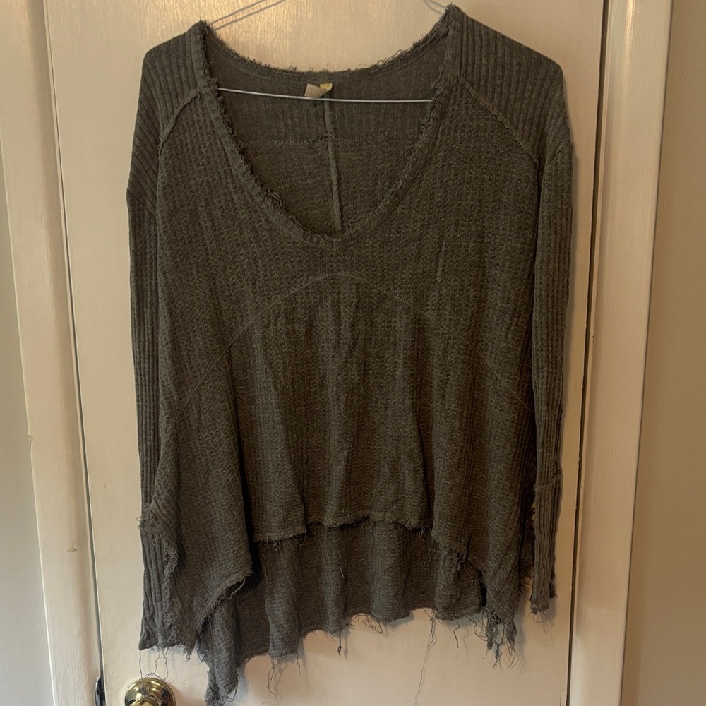 Free People Gray Textured Sweater with frayed edges. Front shorter than back.